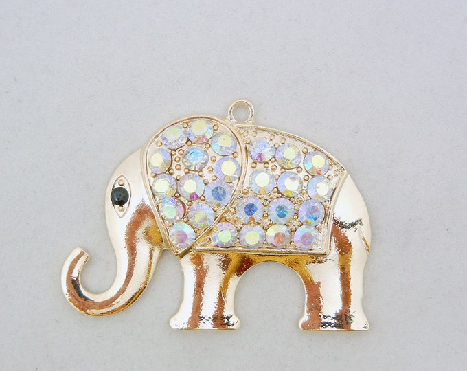 Gold-tone Elephant Charm Pendant Aurora Borealis Rhinestones