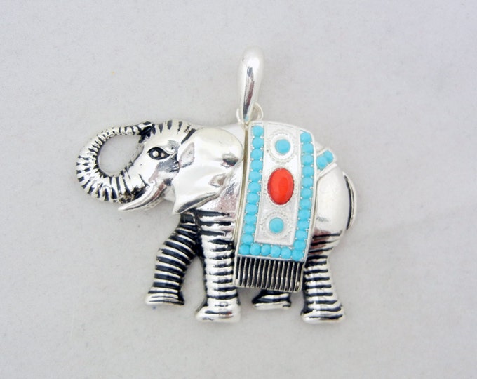 Antique Silver-tone Elephant Pendant with Turquoise Red Cabochons
