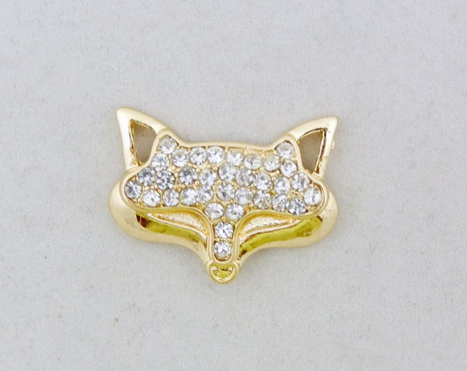 Small Gold-tone Rhinestone Fox Head Pendant Double Link Ears