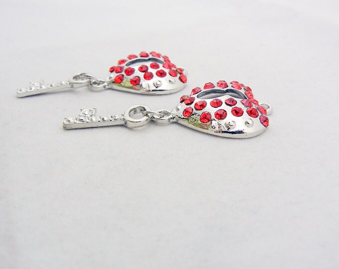 Pair of Heart Shaped Lock and Key Charms Silver-tone Red Rhinestones