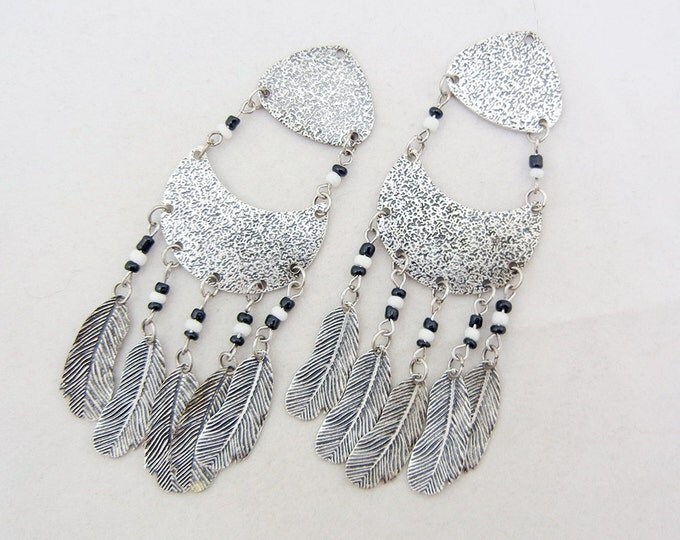 Pair of Antique Silver-tone and Seed Bead Feather Drop Charms