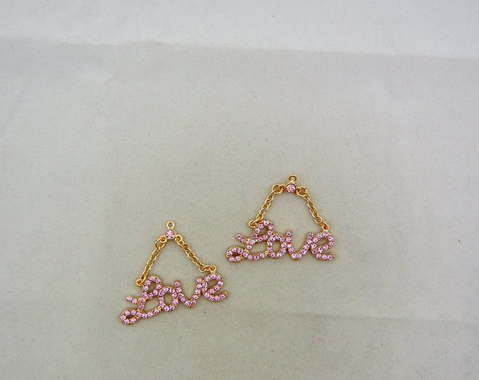 Pair of Pink Rhinestone Love Charms Gold-tone Double Link Chain