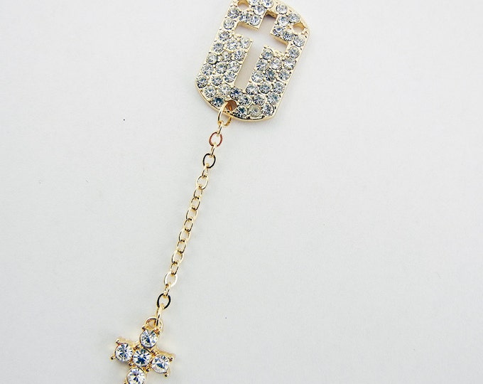 Double Link Cross Pendant Dogtag Style Rhinestones Gold-tone