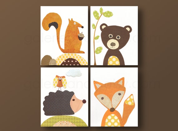 Fox nursery art bear nursery Squirrel nursery wall art hedgehog Nursery playroom art Kids wall art woodland forest - set of four prints by GalerieAnais