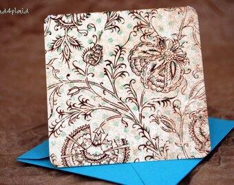 Blank Mini Card Set of 10, Graphic Floral with Contrasting Stripe Pattern on the Inside, Aqua Envelopes, mad4plaid