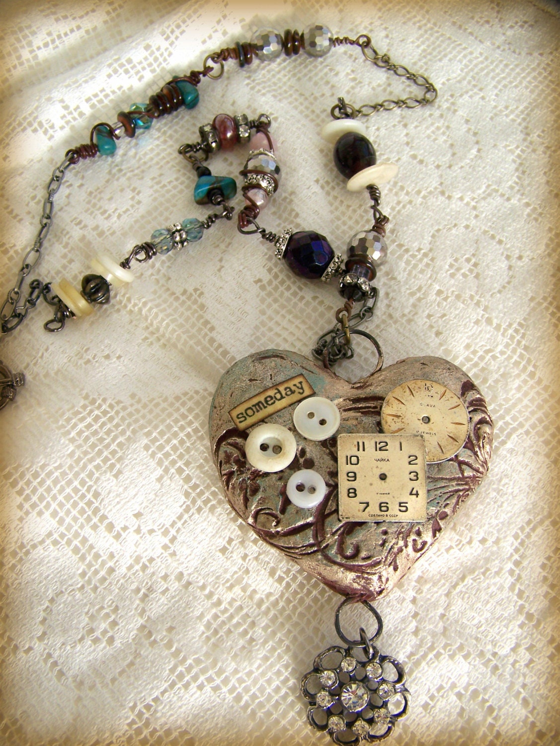 Handmade Mixed Media Jewelry Altered Necklace Vintage Wire