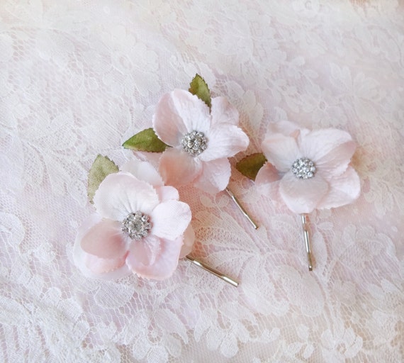 blush pink hair flower accessory hair pins rhinestone bridal