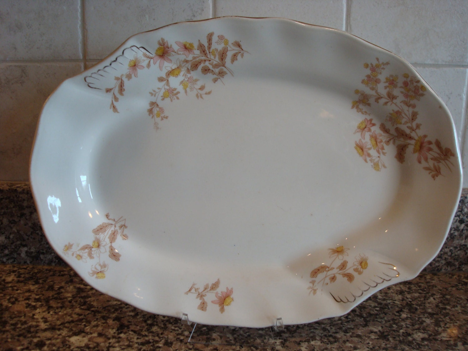 Large vintage white ironstone platter with floral transferware