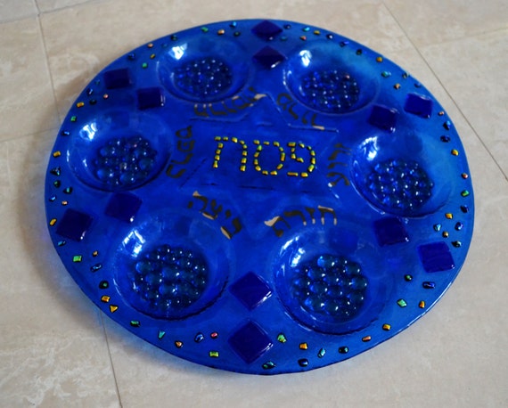 Blue dichroic fused Seder plate