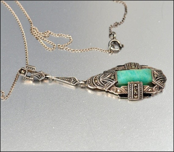 Art Deco Necklace Marcasite Jade Sterling Silver Enamel