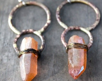 Circle Earrings Raw Crystal Earrings Hammered Brass Earrings