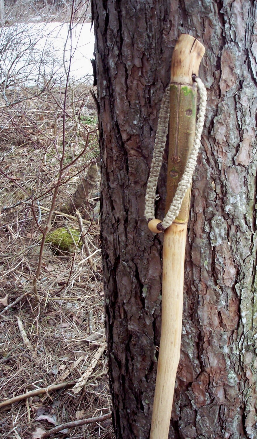 Woodland Hiking staff with macrame strap 60 inch natural