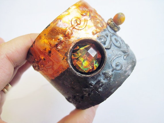 Lost Star. Cosmic Victorian Gypsy Rustic salvaged escutcheon Cuff gold leaf Lampwork.