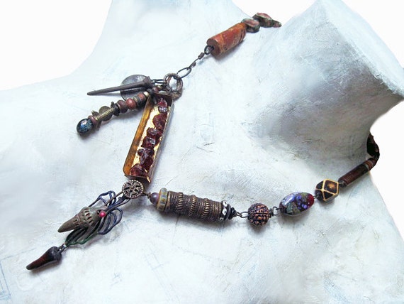 Art Will Remain. Rustic assemblage statement necklace with art beads, gold leaf, victorian tribal.
