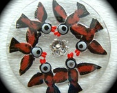 HuGE PAiR Czech glass buttons - Primitive Black Birds - Hand Painted on Clear Shank 1 3/8" x2