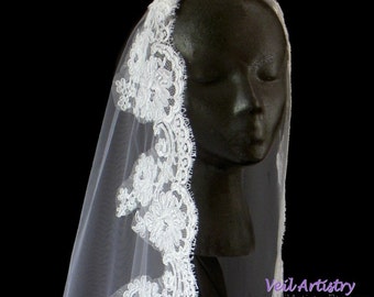 Mantilla Wedding Veil, Mantilla, Alencon Lace Veil, Mantilla Bridal Veil, Fingertip Veil, Ballet Veil, Waltz Veil, Handmade Veil