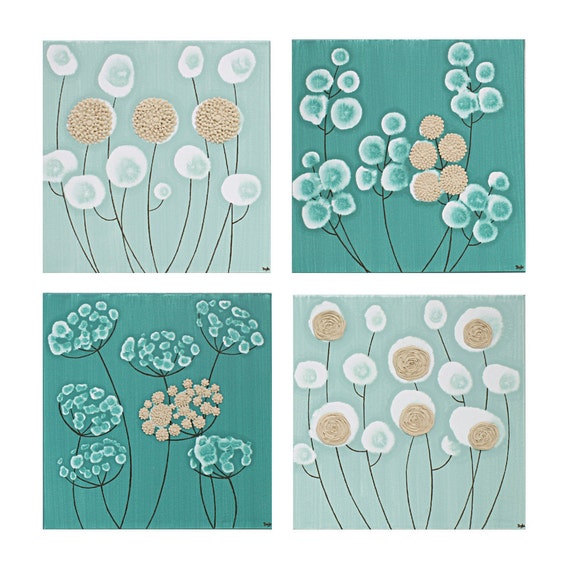 Canvas Wall Art - Set of Four Flower Paintings - Teal and Brown Home Decor - 25X25 Square - MADE TO ORDER