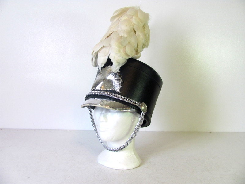 Vintage Black Marching band hat w Feather Plume // XS