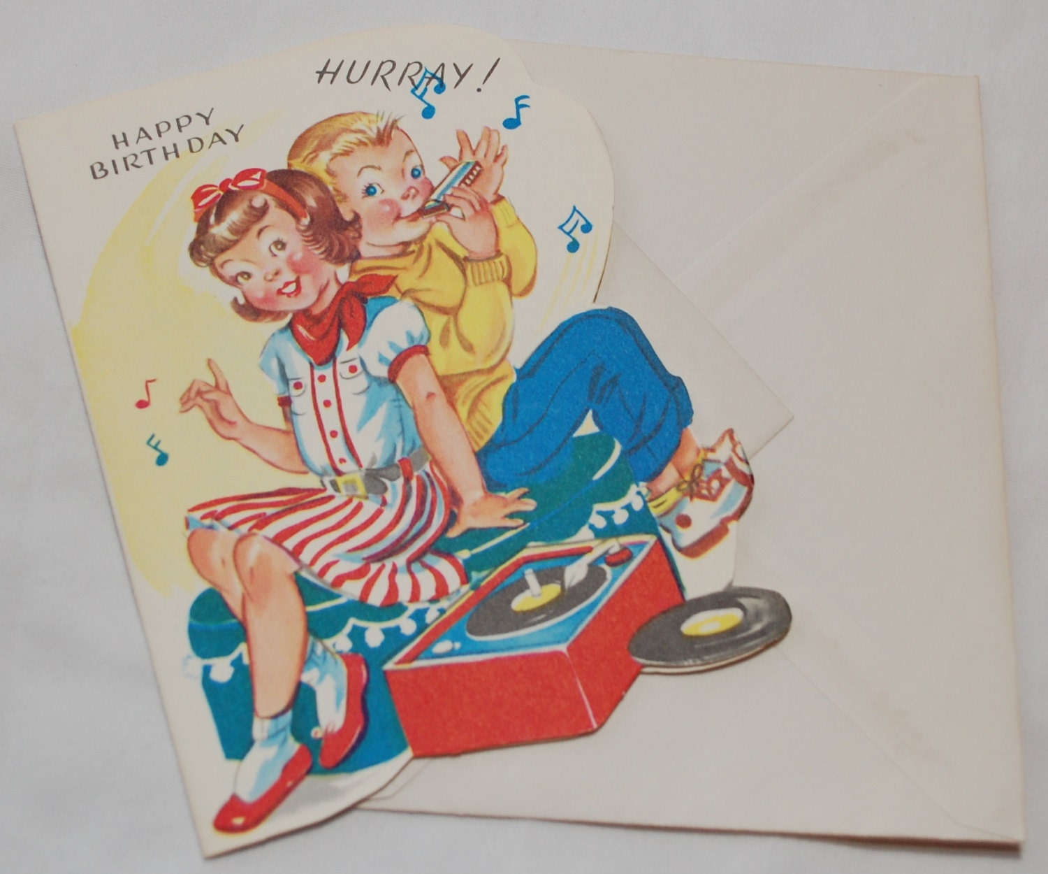 Vintage Birthday Card Boy and Girl Record Player Music UNUSED