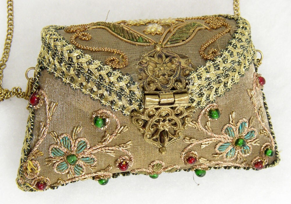 Vintage Purse Brass Gold Embroidery Beaded Hard Sided Metal