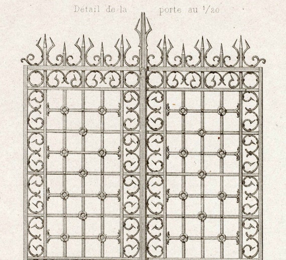 1880 French Antique Engraving of Decorative and Architectural Metalwork. Gate and Grille in Rouen. Plate 24 - Architectural Print