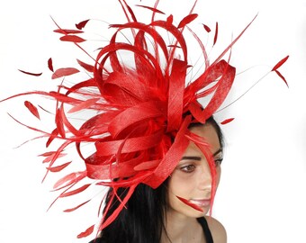 Ostrich Red Fascinator Cocktail Hat For Weddings, Races and Proms With Headband(40 colours avail)
