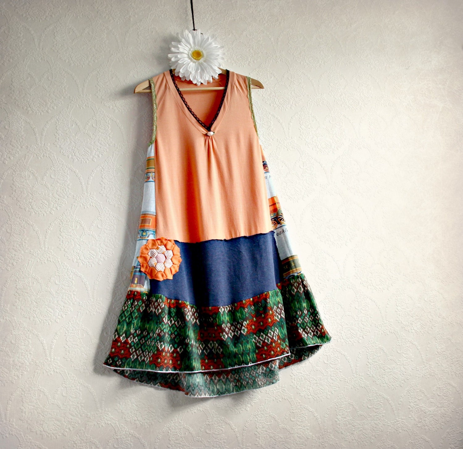 Upcycled Clothing Peach A-Line Dress Navy Blue Bohemian