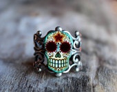 Day of the Dead Filigree Sugar Skull Ring in an Antiqued Silver Finish