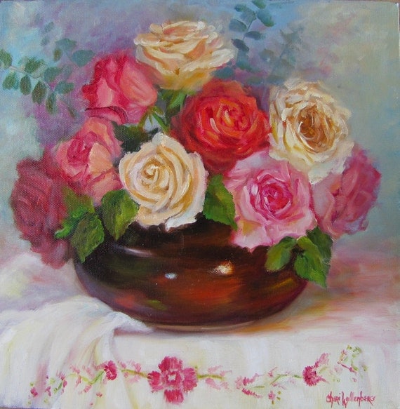 Still Life Oil Painting RedPinkWhite Roses Neutral Brown