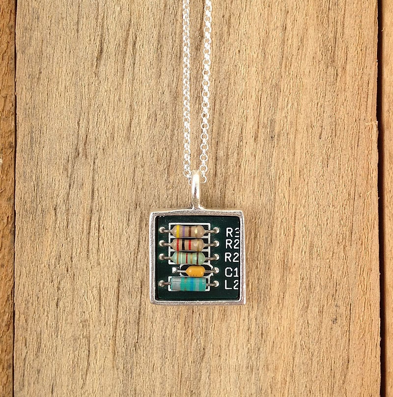 upcycled circuit board necklace with awesome resistors and