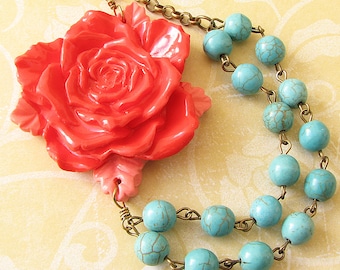 Statement Necklace Flower Necklace Coral Necklace Turquoise Jewelry Beaded Necklace Gift For Her