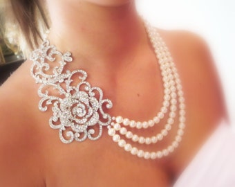 Bridal statement necklace, Wedding jewelry, Pearl necklace, Wedding necklace, Rhinestone necklace, Multi strand necklace, Vintage style