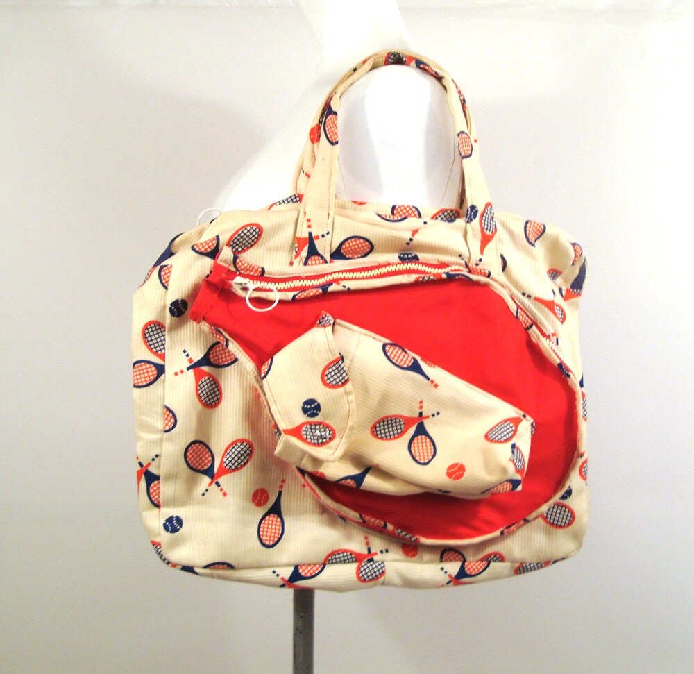 Tennis racket Bag Vintage 1970s Tote Blue Red White and blue