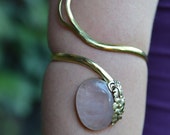 Fairy Elven Goddess Tribal Brass Rose Quartz Spiral Flower leaf Crescent Moon Upper Arm Cuff Bracelet Adornment OOAK