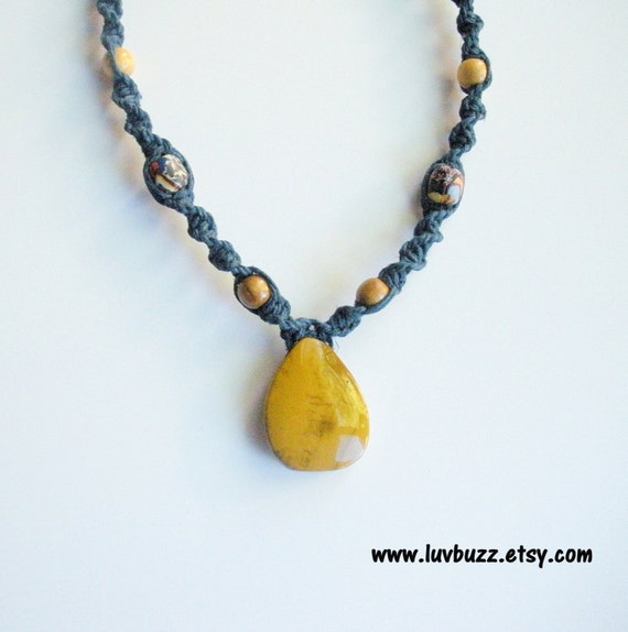 Yellow Jasper on Blue Hemp Necklace adjustable by luvbuzz on Etsy