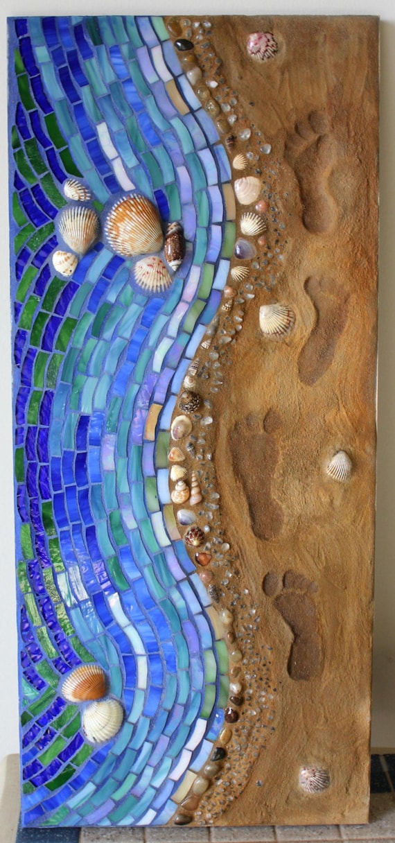 Mosaic Mixed Media Glass Shoreline Footsteps in Sand