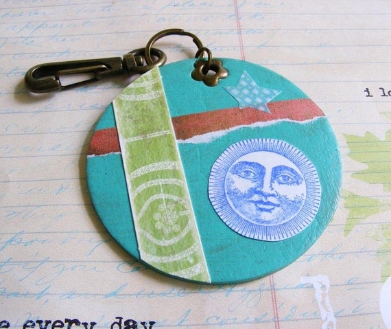 Celestial Keychain Painted Decoupage Collage Sun by meiguidesigns