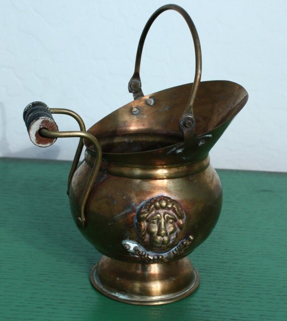 Vintage Small Brass Copper Coal Scuttle Bucket with Wood