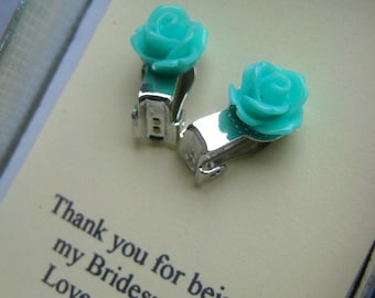 Clip on earring. Bridesmaids gifts, small sized rose stud earrings, personalized notecards, free jewelry box.