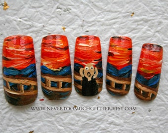 The Scream Handpainted Fake Nails (Custom) Press On Nails, Handpainted Custom False Nails- The Original!