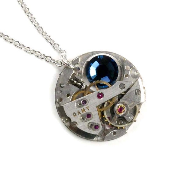 Vintage Watch Movement n Montana Crystal Steampunk Necklace