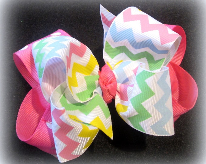 Pastel Chevron Easter Spring Fabulous Double Layered Boutique Lush Hair Bow with Spikey Edges for Baby Toddler or Little Girl Pink Yellow