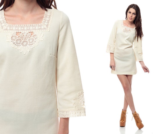 Cream Crochet Dress 31s Mini Boho LACE Tunic Mod Shift 31s