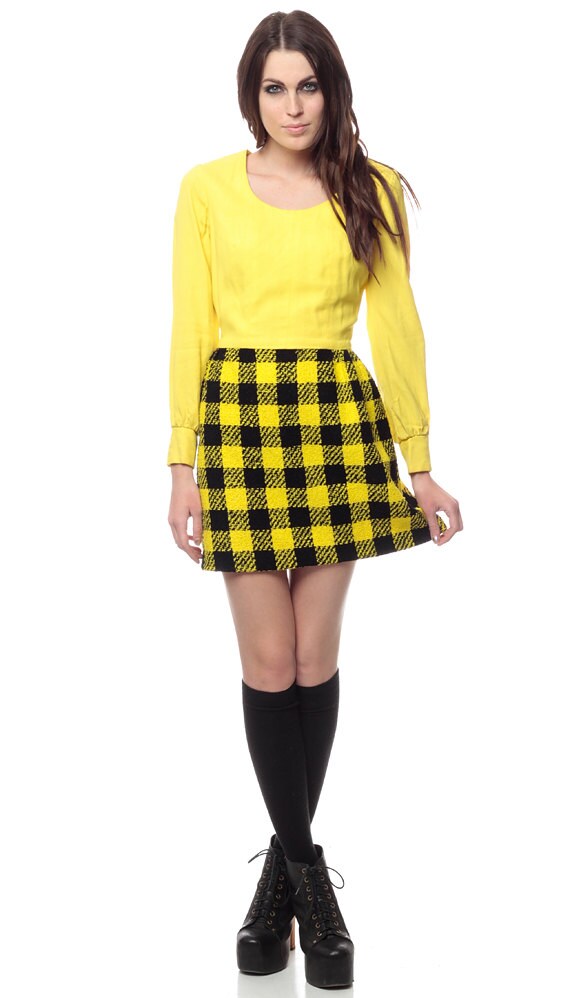 Plaid Mini Dress 70s Mod Buffalo Black Yellow Checkered 60s