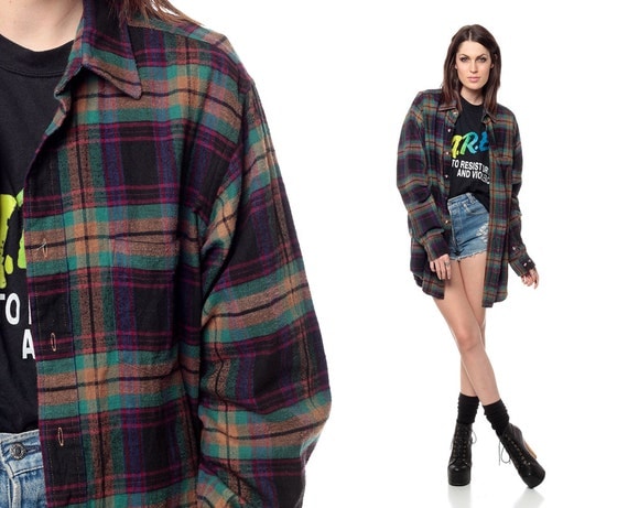 90s Flannel Shirt Long PLAID Oversized Grunge Long Sleeve