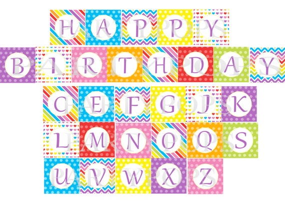 digital rainbow happy birthday banner printable party