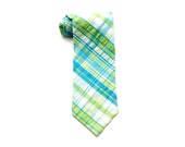 Boy Necktie - Green Blue Seersucker Tie