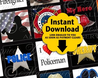 Firefighters Police Printable Squares / Law Enforcement / Fire / Rescue - Printable Instant DOWNLOAD 1 Inch Squares JPG Collage Sheet