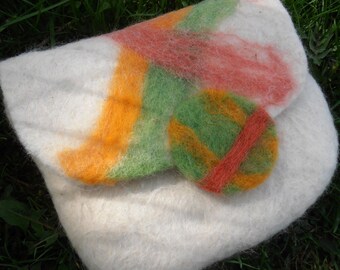 Felted Alpaca Clutch, White, Geometric Design, Felt Button, Magnetic Closure