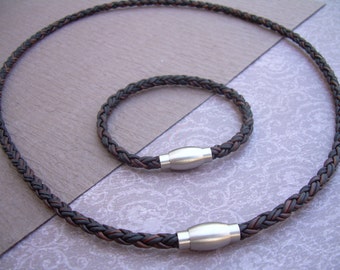 Leather Bracelet and Leather Necklace Set , Stainless Steel Magnetic, Fathers Day, Mens Bracelet, Mens Necklace, Mens Jewelry